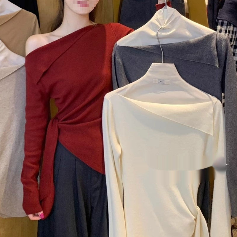 Red Solid Color One-shoulder Collar Pullover Top