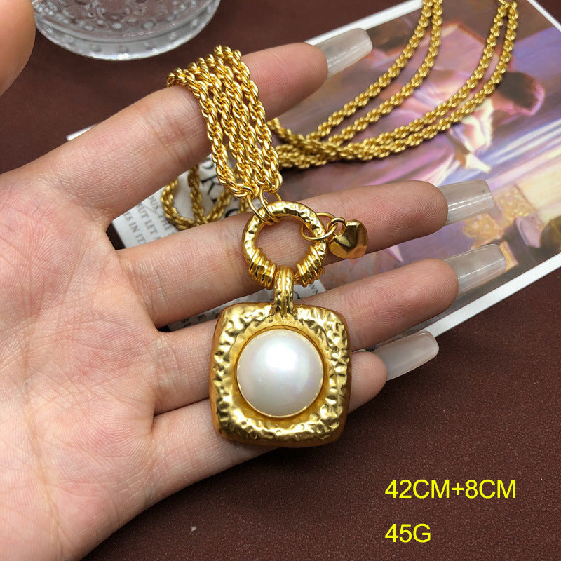 Multi-layer Copper Chain Design Mabe Pearl Stud Earrings Square Pendant Necklace All-match Suit