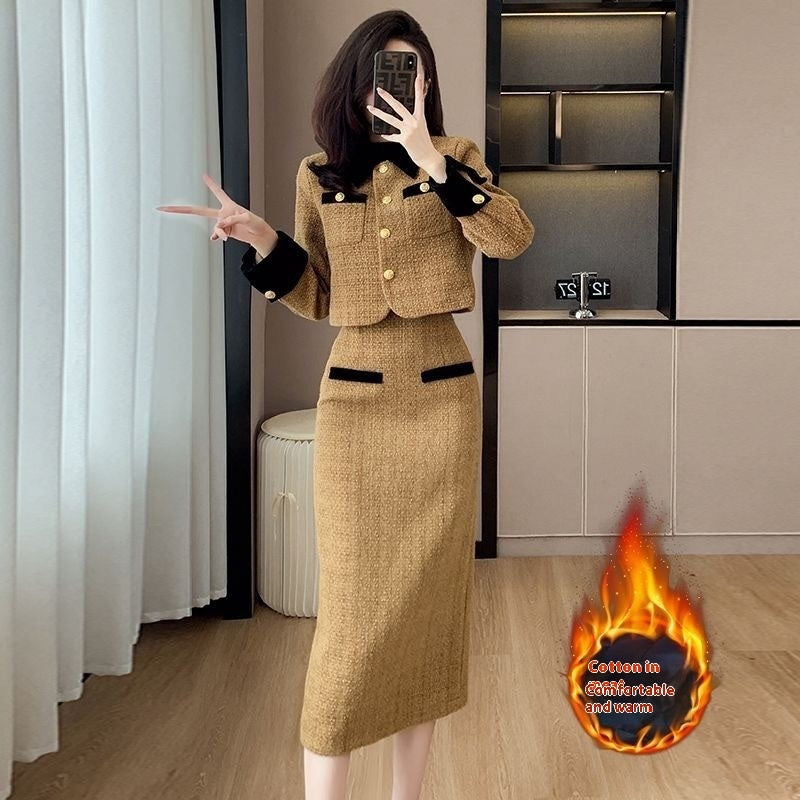 Women's French Style High-grade Tweed Chanel's Style Skirt Coat Set