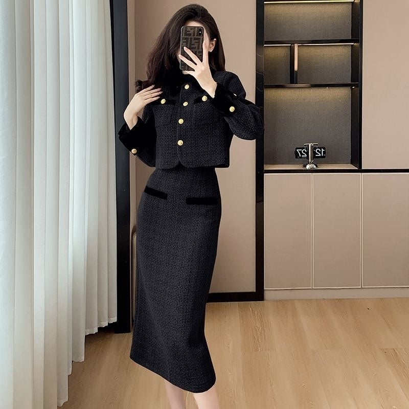 Women's French Style High-grade Tweed Chanel's Style Skirt Coat Set