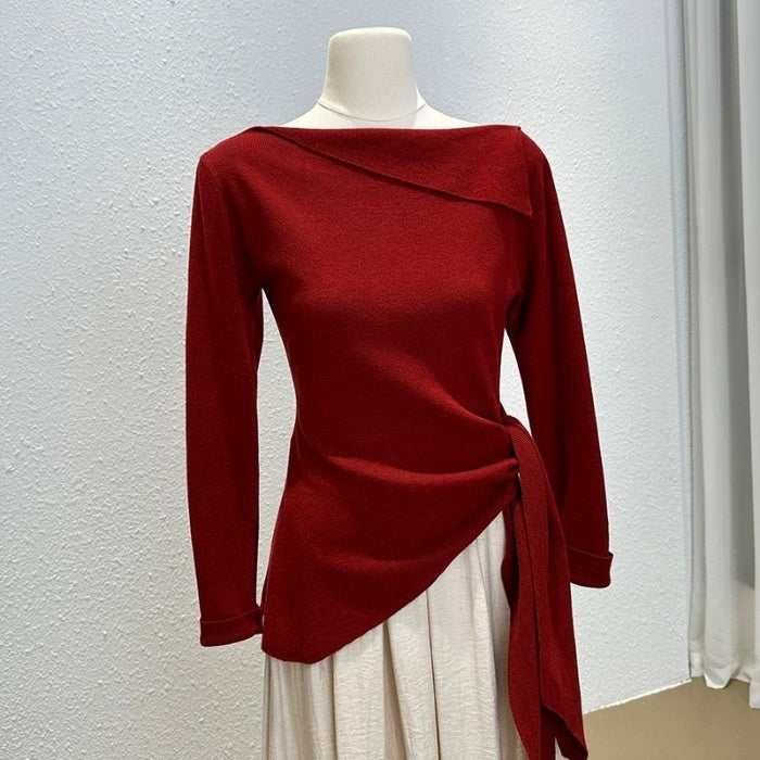 Red Solid Color One-shoulder Collar Pullover Top