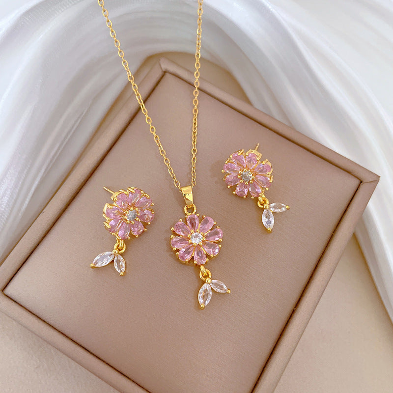 Necklace And Earrings Suite Light Luxury Full Diamond Flowers