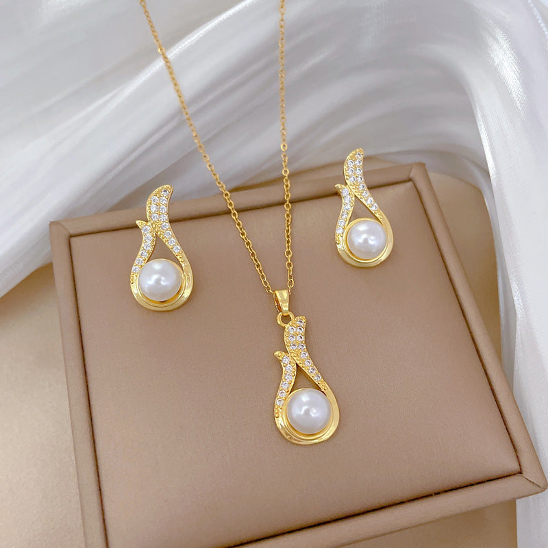 Necklace And Earrings Suite Light Luxury Full Diamond Pearl