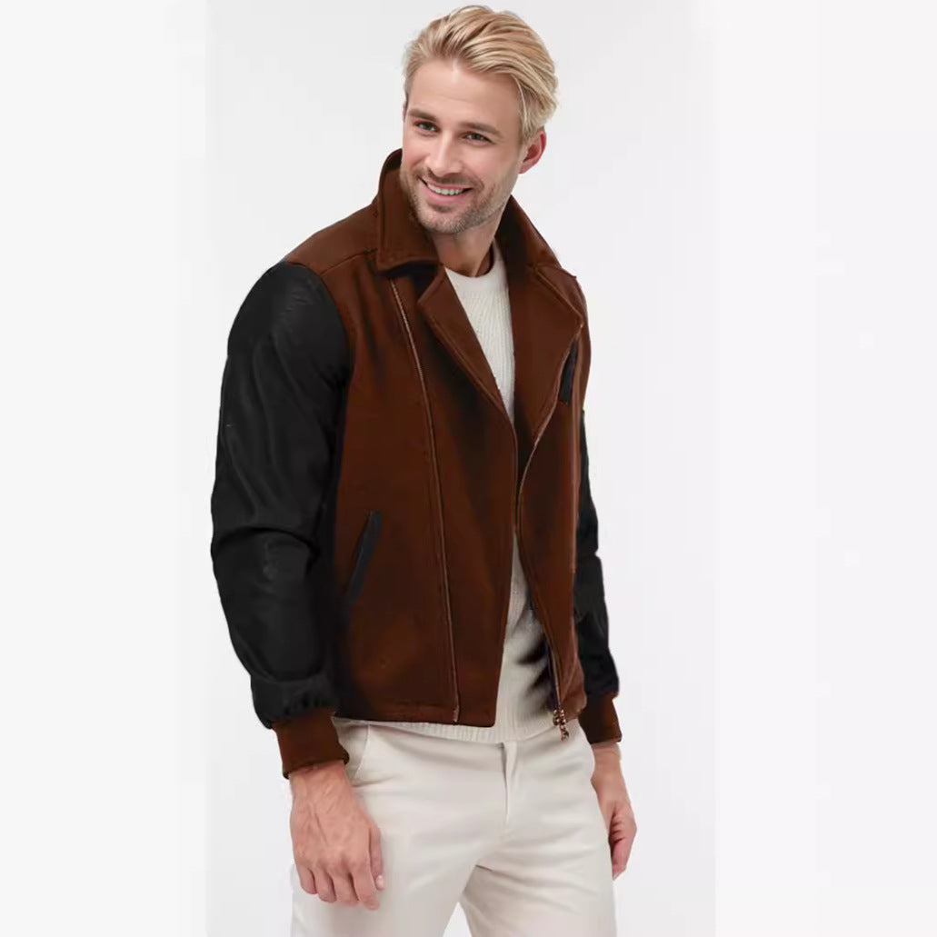 PU Leather Patchwork Wool Lapel Color Matching Men's Jacket