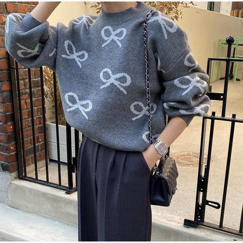 Round Neck Jacquard Bow Long Sleeve Sweater Fashion Loose Casual Bottoming Shirt