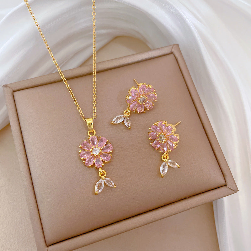 Necklace And Earrings Suite Light Luxury Full Diamond Flowers