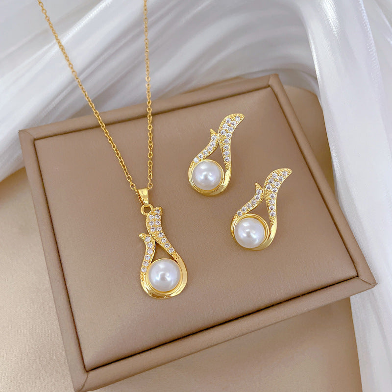 Necklace And Earrings Suite Light Luxury Full Diamond Pearl