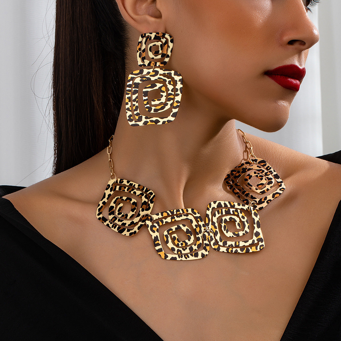 Geometric Trend Circle Spiral Texture Leopard Print Stud Earrings Necklace Suit