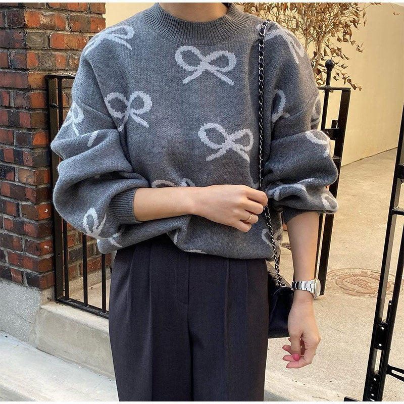 Round Neck Jacquard Bow Long Sleeve Sweater Fashion Loose Casual Bottoming Shirt