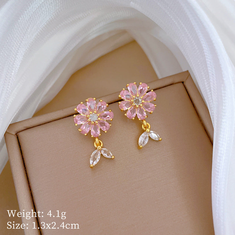 Necklace And Earrings Suite Light Luxury Full Diamond Flowers